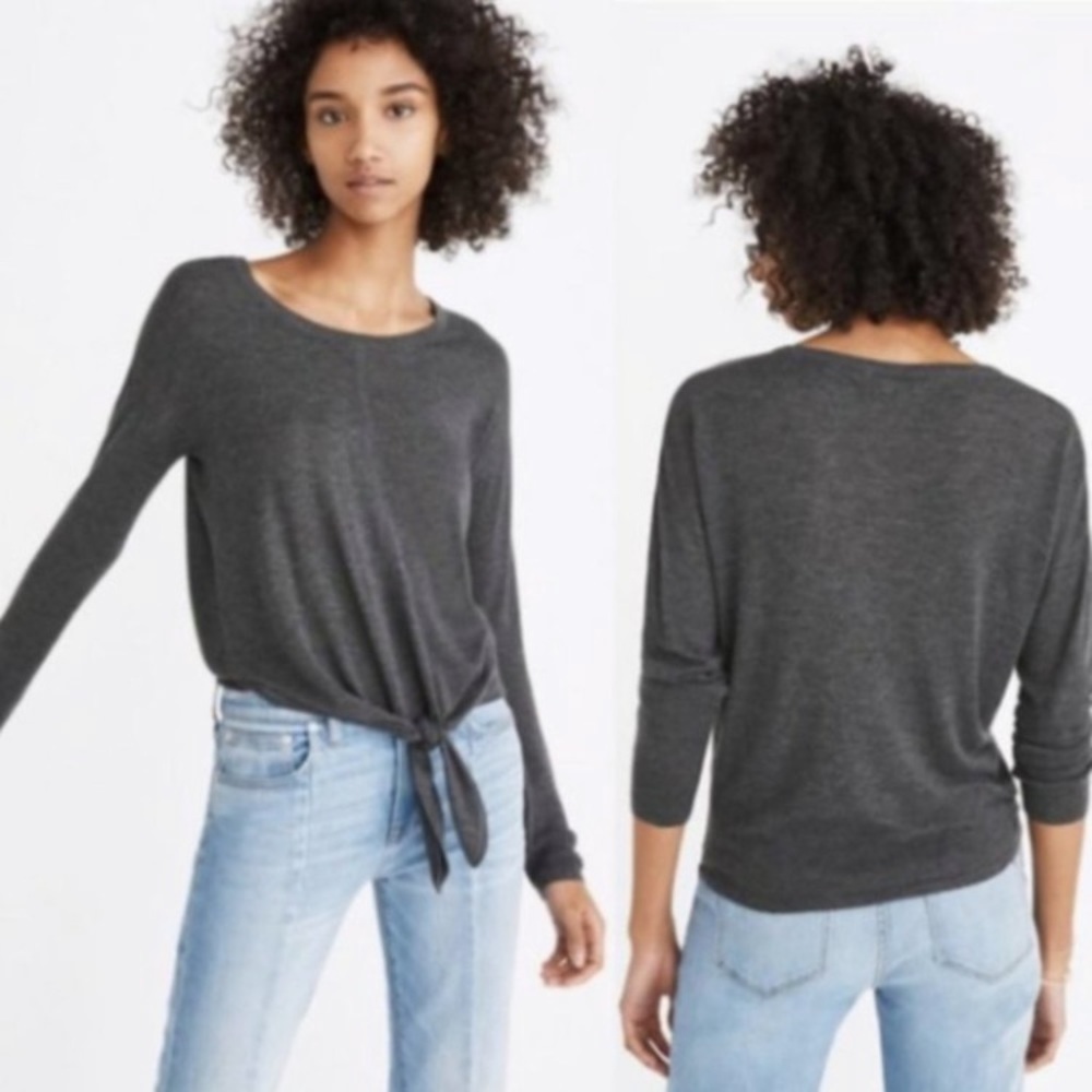 Madewell Modern Tie Front Gray Lightweight Sweater